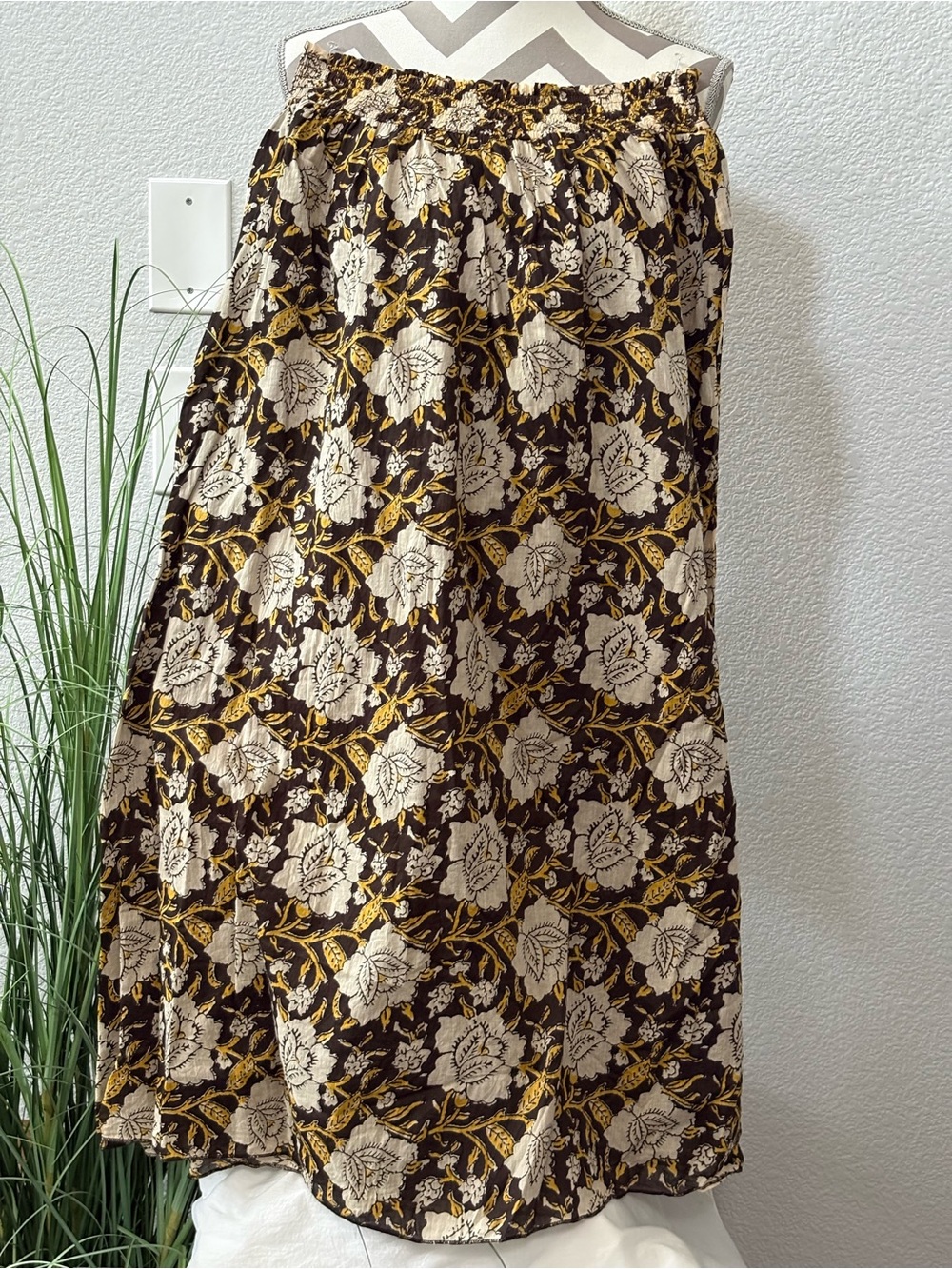 NATURAL LIFE Brown Maxi Skirt with Cream Floral and Gold Vine Detail